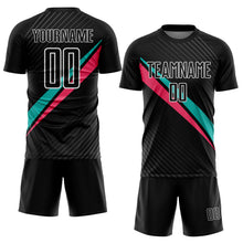 Charger l'image dans la galerie, Custom Black White Aqua-Neon Pink Diagonal Stripes Sports Sublimation Soccer Uniform Jersey