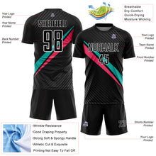 Charger l'image dans la galerie, Custom Black White Aqua-Neon Pink Diagonal Stripes Sports Sublimation Soccer Uniform Jersey