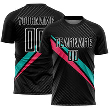 Charger l'image dans la galerie, Custom Black White Aqua-Neon Pink Diagonal Stripes Sports Sublimation Soccer Uniform Jersey
