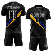 Charger l'image dans la galerie, Custom Black White Royal-Yellow Diagonal Stripes Sports Sublimation Soccer Uniform Jersey