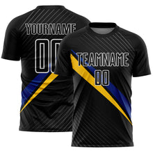 Charger l'image dans la galerie, Custom Black White Royal-Yellow Diagonal Stripes Sports Sublimation Soccer Uniform Jersey