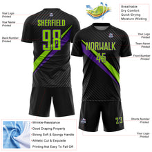 Charger l'image dans la galerie, Custom Black Neon Green-Purple Diagonal Stripes Sports Sublimation Soccer Uniform Jersey