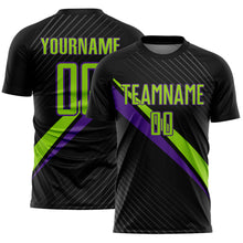 Charger l'image dans la galerie, Custom Black Neon Green-Purple Diagonal Stripes Sports Sublimation Soccer Uniform Jersey