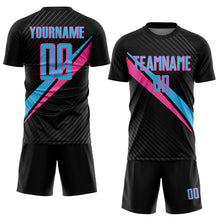 Charger l'image dans la galerie, Custom Black Sky Blue-Pink Diagonal Stripes Sports Sublimation Soccer Uniform Jersey