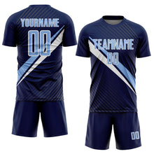 Laden Sie das Bild in den Galerie-Viewer, Custom Navy Light Blue-White Diagonal Stripes Sports Sublimation Soccer Uniform Jersey