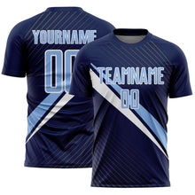 Laden Sie das Bild in den Galerie-Viewer, Custom Navy Light Blue-White Diagonal Stripes Sports Sublimation Soccer Uniform Jersey