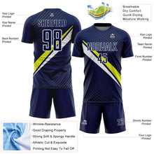 Загрузить изображение в средство просмотра галереи, Custom Navy White-Neon Yellow Diagonal Stripes Sports Sublimation Soccer Uniform Jersey