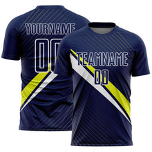 Загрузить изображение в средство просмотра галереи, Custom Navy White-Neon Yellow Diagonal Stripes Sports Sublimation Soccer Uniform Jersey