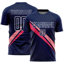 Загрузить изображение в средство просмотра галереи, Custom Navy White-Pink Diagonal Stripes Sports Sublimation Soccer Uniform Jersey