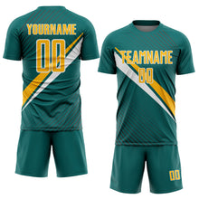 Загрузить изображение в средство просмотра галереи, Custom Teal Gold-White Diagonal Stripes Sports Sublimation Soccer Uniform Jersey