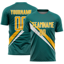Загрузить изображение в средство просмотра галереи, Custom Teal Gold-White Diagonal Stripes Sports Sublimation Soccer Uniform Jersey