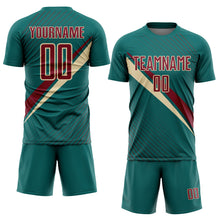 Загрузить изображение в средство просмотра галереи, Custom Teal Crimson-Cream Diagonal Stripes Sports Sublimation Soccer Uniform Jersey