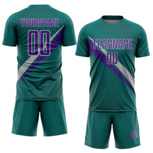 Load image into Gallery viewer, Custom Teal Purple-Gray Diagonal Stripes Sports Sublimation Soccer Uniform Jersey