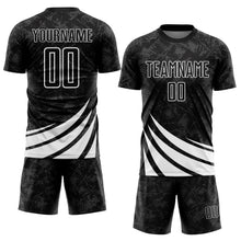 Загрузить изображение в средство просмотра галереи, Custom Black White Distressed Diagonal Stripes Wind Shapes Sports Sublimation Soccer Uniform Jersey