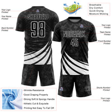 Загрузить изображение в средство просмотра галереи, Custom Black White Distressed Diagonal Stripes Wind Shapes Sports Sublimation Soccer Uniform Jersey