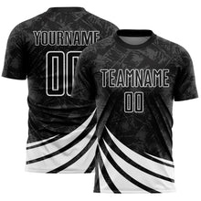 Загрузить изображение в средство просмотра галереи, Custom Black White Distressed Diagonal Stripes Wind Shapes Sports Sublimation Soccer Uniform Jersey