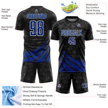 Load image into Gallery viewer, Custom Black Royal-White Distressed Diagonal Stripes Wind Shapes Sports Sublimation Soccer Uniform Jersey
