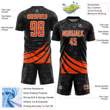 Загрузить изображение в средство просмотра галереи, Custom Black Orange-White Distressed Diagonal Stripes Wind Shapes Sports Sublimation Soccer Uniform Jersey