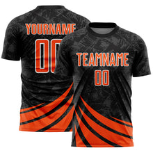 Загрузить изображение в средство просмотра галереи, Custom Black Orange-White Distressed Diagonal Stripes Wind Shapes Sports Sublimation Soccer Uniform Jersey