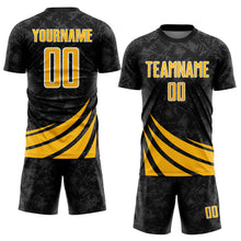 Загрузить изображение в средство просмотра галереи, Custom Black Gold-White Distressed Diagonal Stripes Wind Shapes Sports Sublimation Soccer Uniform Jersey