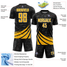 Загрузить изображение в средство просмотра галереи, Custom Black Gold-White Distressed Diagonal Stripes Wind Shapes Sports Sublimation Soccer Uniform Jersey