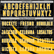 Загрузить изображение в средство просмотра галереи, Custom Black Gold-White Distressed Diagonal Stripes Wind Shapes Sports Sublimation Soccer Uniform Jersey