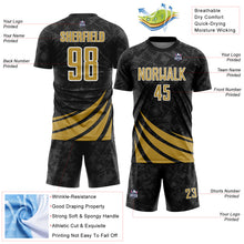 Загрузить изображение в средство просмотра галереи, Custom Black Old Gold-White Distressed Diagonal Stripes Wind Shapes Sports Sublimation Soccer Uniform Jersey
