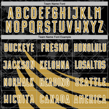 Загрузить изображение в средство просмотра галереи, Custom Black Old Gold-White Distressed Diagonal Stripes Wind Shapes Sports Sublimation Soccer Uniform Jersey