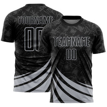 Загрузить изображение в средство просмотра галереи, Custom Black Gray Distressed Diagonal Stripes Wind Shapes Sports Sublimation Soccer Uniform Jersey
