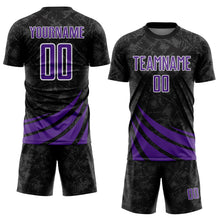 Загрузить изображение в средство просмотра галереи, Custom Black Purple-White Distressed Diagonal Stripes Wind Shapes Sports Sublimation Soccer Uniform Jersey