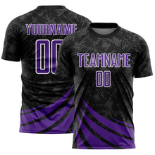 Загрузить изображение в средство просмотра галереи, Custom Black Purple-White Distressed Diagonal Stripes Wind Shapes Sports Sublimation Soccer Uniform Jersey