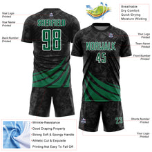 Load image into Gallery viewer, Custom Black Kelly Green-White Distressed Diagonal Stripes Wind Shapes Sports Sublimation Soccer Uniform Jersey