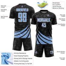Загрузить изображение в средство просмотра галереи, Custom Black Light Blue-White Distressed Diagonal Stripes Wind Shapes Sports Sublimation Soccer Uniform Jersey