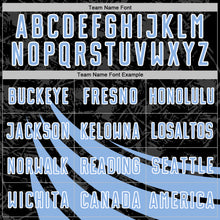 Загрузить изображение в средство просмотра галереи, Custom Black Light Blue-White Distressed Diagonal Stripes Wind Shapes Sports Sublimation Soccer Uniform Jersey