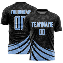 Загрузить изображение в средство просмотра галереи, Custom Black Light Blue-White Distressed Diagonal Stripes Wind Shapes Sports Sublimation Soccer Uniform Jersey
