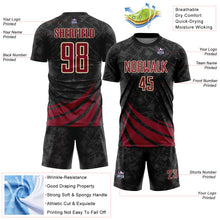 Загрузить изображение в средство просмотра галереи, Custom Black Crimson-Cream Distressed Diagonal Stripes Wind Shapes Sports Sublimation Soccer Uniform Jersey