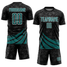 Load image into Gallery viewer, Custom Black Teal-White Distressed Diagonal Stripes Wind Shapes Sports Sublimation Soccer Uniform Jersey