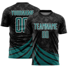 Load image into Gallery viewer, Custom Black Teal-White Distressed Diagonal Stripes Wind Shapes Sports Sublimation Soccer Uniform Jersey