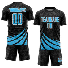 Загрузить изображение в средство просмотра галереи, Custom Black Sky Blue-White Distressed Diagonal Stripes Wind Shapes Sports Sublimation Soccer Uniform Jersey