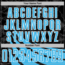 Загрузить изображение в средство просмотра галереи, Custom Black Sky Blue-White Distressed Diagonal Stripes Wind Shapes Sports Sublimation Soccer Uniform Jersey