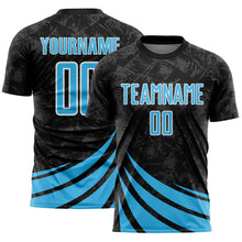 Загрузить изображение в средство просмотра галереи, Custom Black Sky Blue-White Distressed Diagonal Stripes Wind Shapes Sports Sublimation Soccer Uniform Jersey