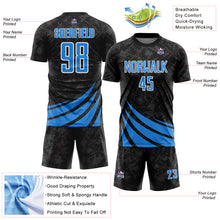 Charger l'image dans la galerie, Custom Black Powder Blue-White Distressed Diagonal Stripes Wind Shapes Sports Sublimation Soccer Uniform Jersey