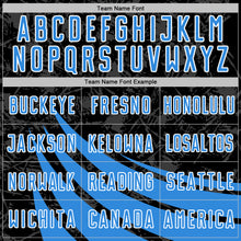 Charger l'image dans la galerie, Custom Black Powder Blue-White Distressed Diagonal Stripes Wind Shapes Sports Sublimation Soccer Uniform Jersey