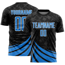 Charger l'image dans la galerie, Custom Black Powder Blue-White Distressed Diagonal Stripes Wind Shapes Sports Sublimation Soccer Uniform Jersey