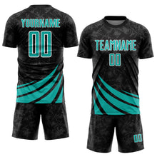 Загрузить изображение в средство просмотра галереи, Custom Black Aqua-White Distressed Diagonal Stripes Wind Shapes Sports Sublimation Soccer Uniform Jersey