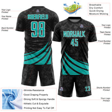 Загрузить изображение в средство просмотра галереи, Custom Black Aqua-White Distressed Diagonal Stripes Wind Shapes Sports Sublimation Soccer Uniform Jersey