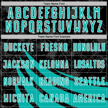 Загрузить изображение в средство просмотра галереи, Custom Black Aqua-White Distressed Diagonal Stripes Wind Shapes Sports Sublimation Soccer Uniform Jersey