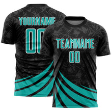 Загрузить изображение в средство просмотра галереи, Custom Black Aqua-White Distressed Diagonal Stripes Wind Shapes Sports Sublimation Soccer Uniform Jersey