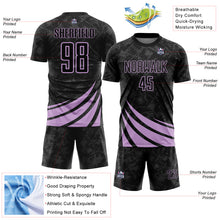 Load image into Gallery viewer, Custom Black Light Purple Distressed Diagonal Stripes Wind Shapes Sports Sublimation Soccer Uniform Jersey