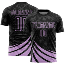 Load image into Gallery viewer, Custom Black Light Purple Distressed Diagonal Stripes Wind Shapes Sports Sublimation Soccer Uniform Jersey